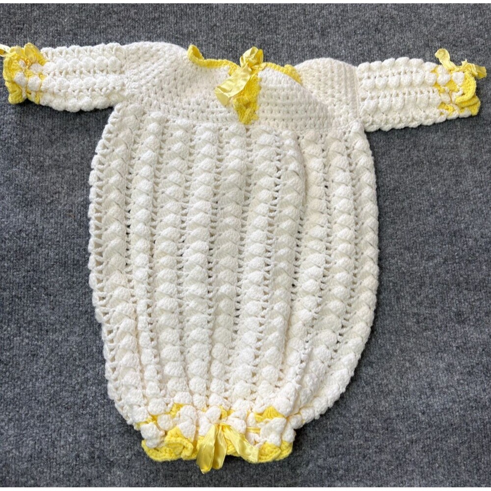 Handmade crocheted baby gown with White with Yellow Trim Girls Baby Toddler